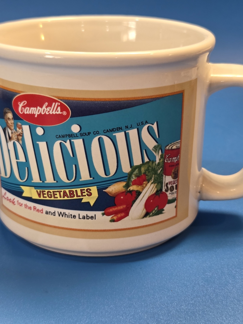 White Blue 'Delicious Vegetables' Ceramic Mug